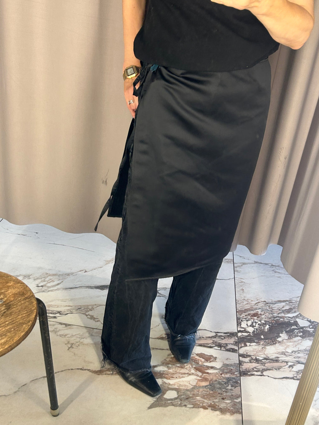 Black Satin Apron Skirt