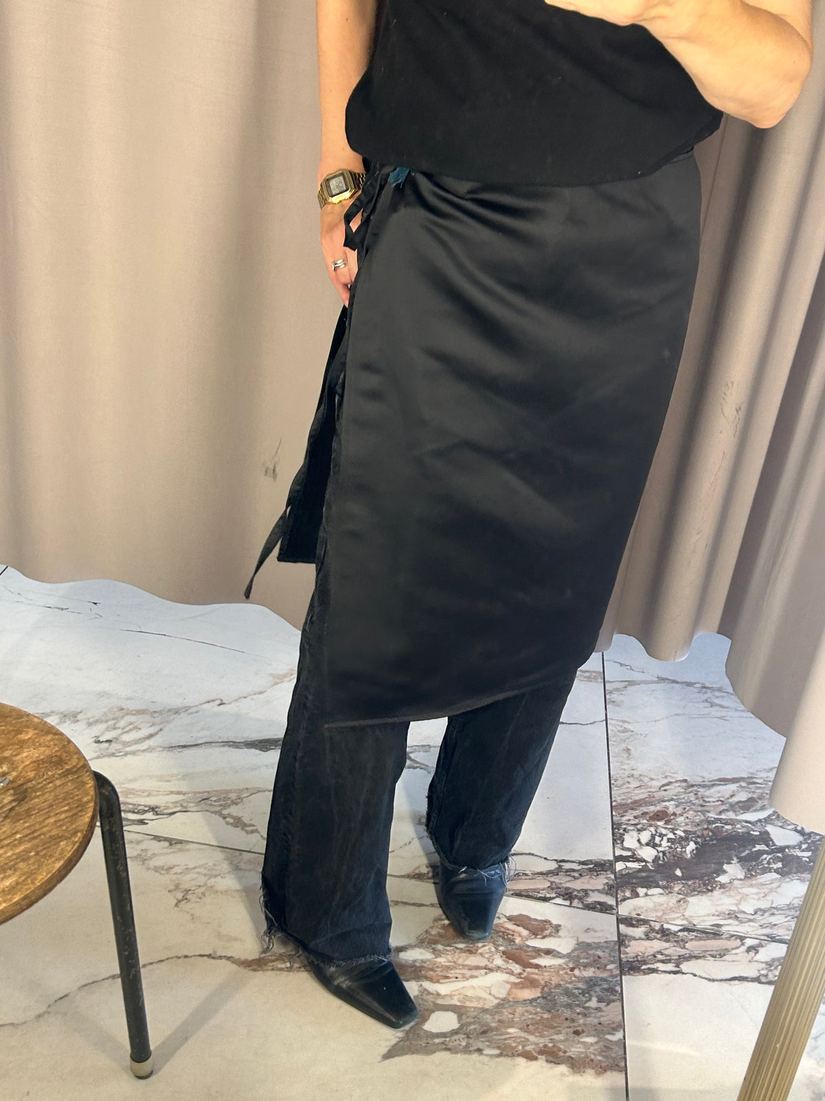 Black Satin Apron Skirt