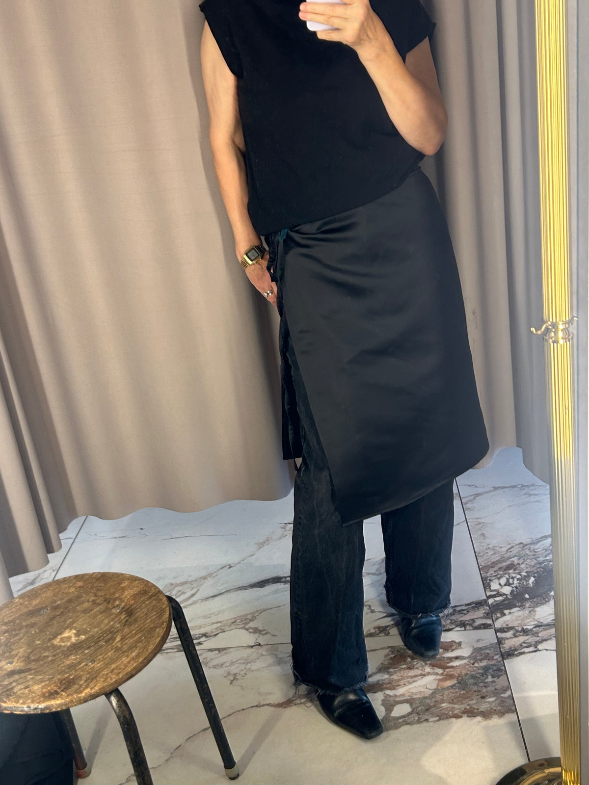 Black Satin Apron Skirt