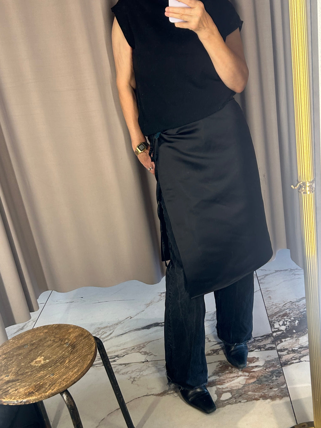 Black Satin Apron Skirt