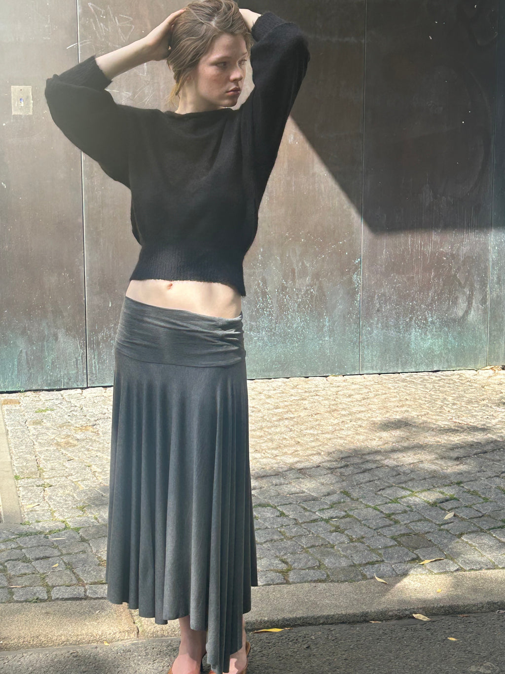 Cora Asymmetrical Viscose Midi Skirt – dark grey