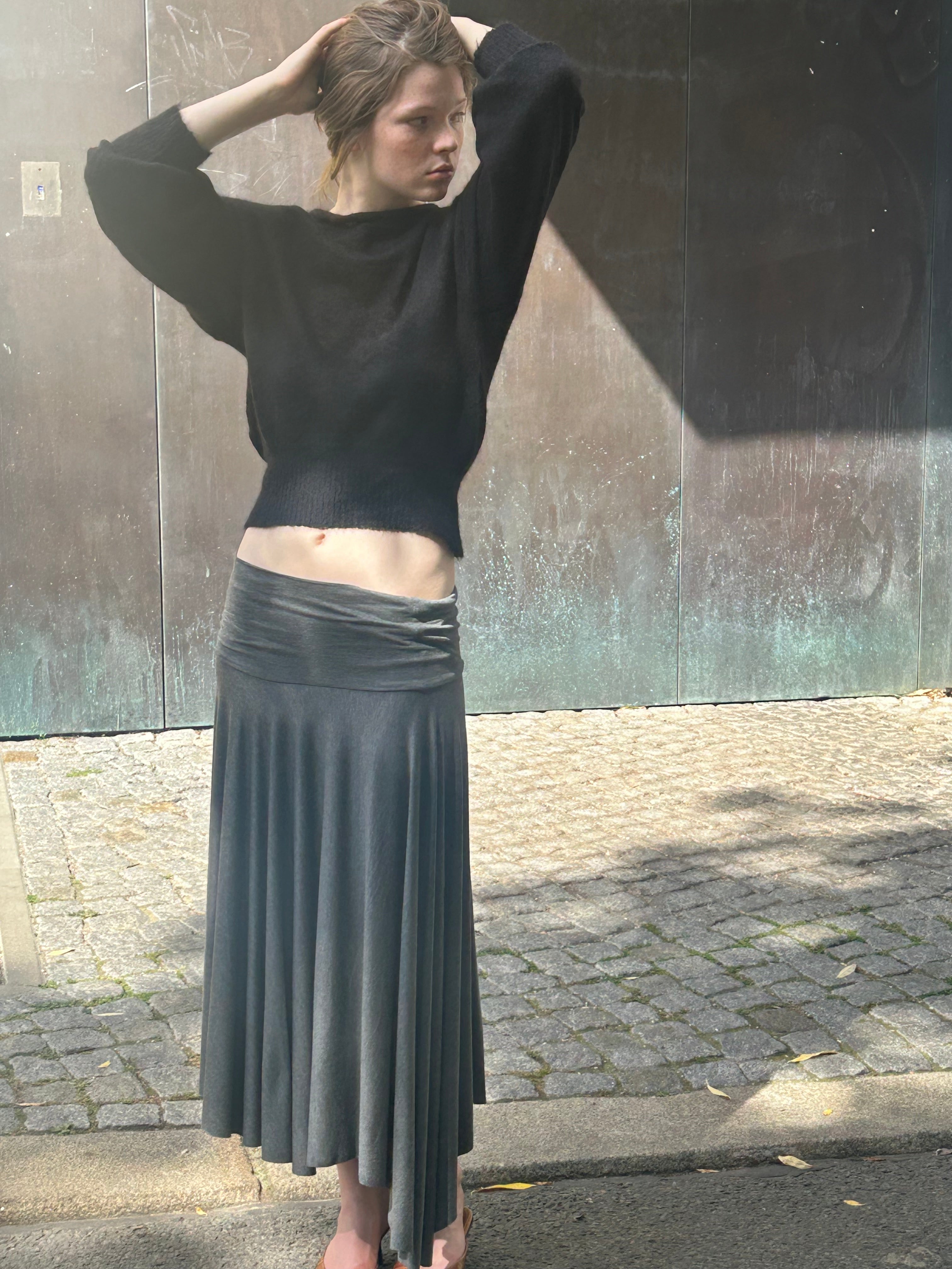 Cora Asymmetrical Viscose Midi Skirt – dark grey