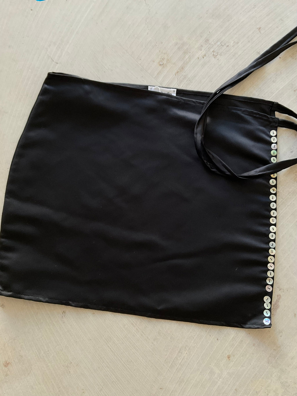 Apron skirt black satin with mother of pearl buttons