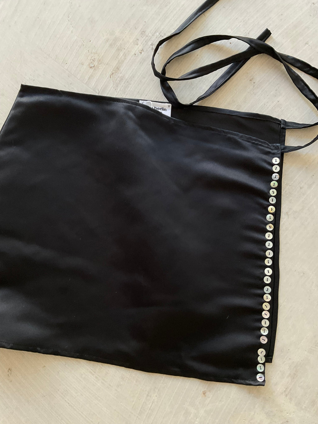 Apron skirt black satin with mother of pearl buttons