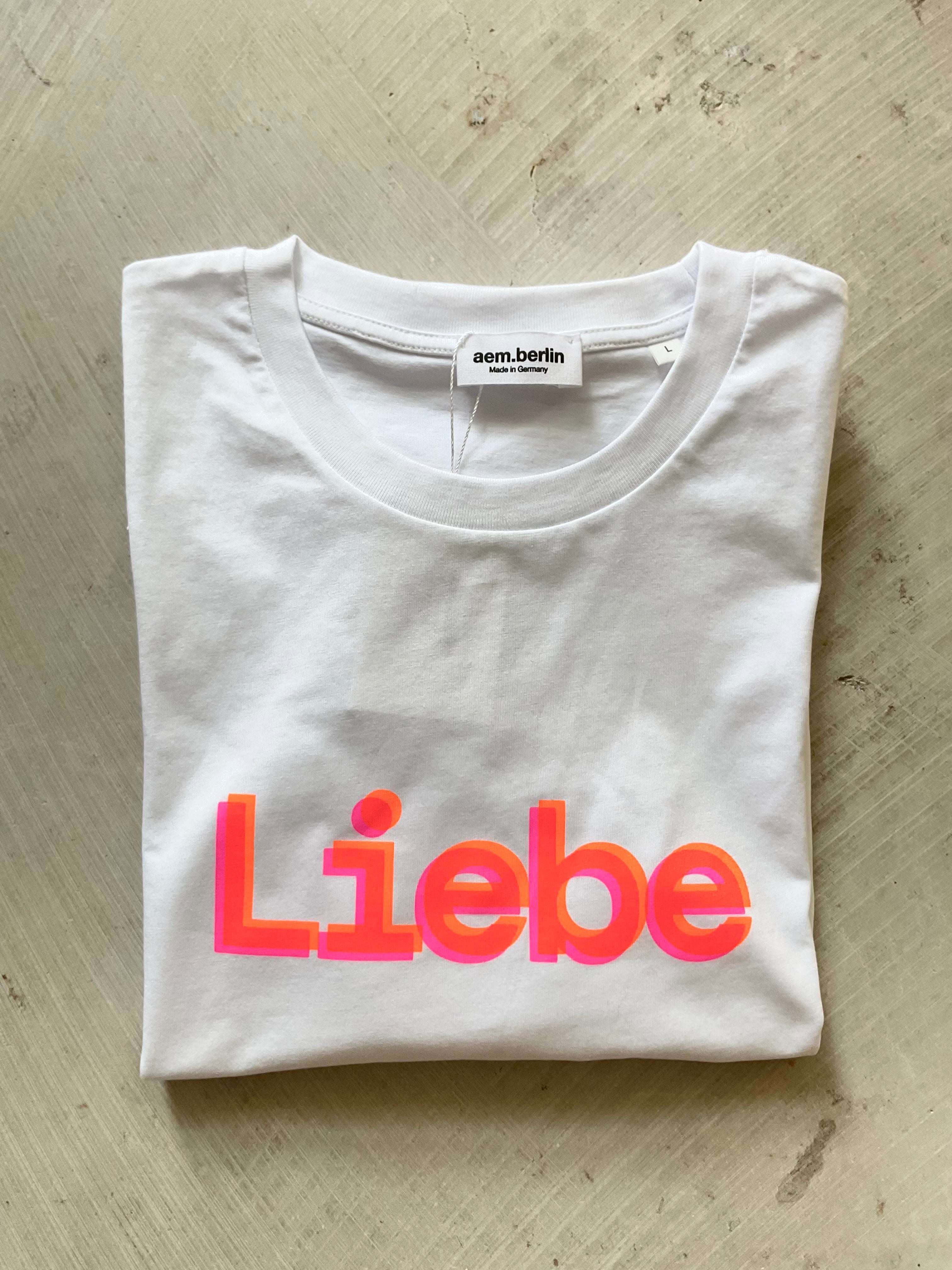 AEM  tshirt LIEBE white with orange pink letters