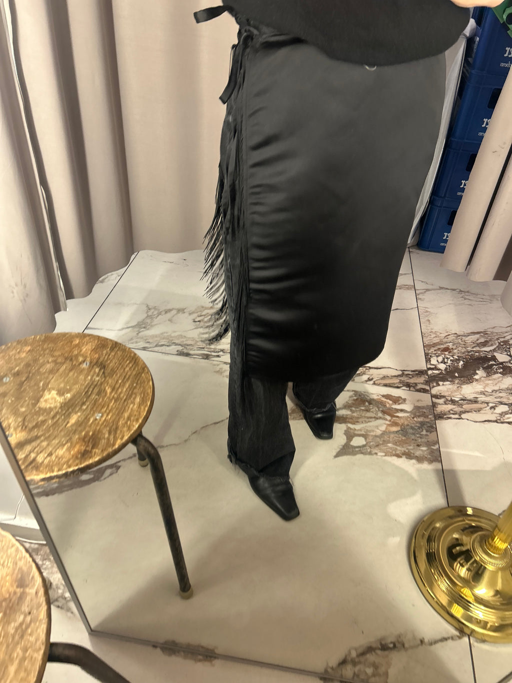 Black Satin Apron Skirt with Fringes