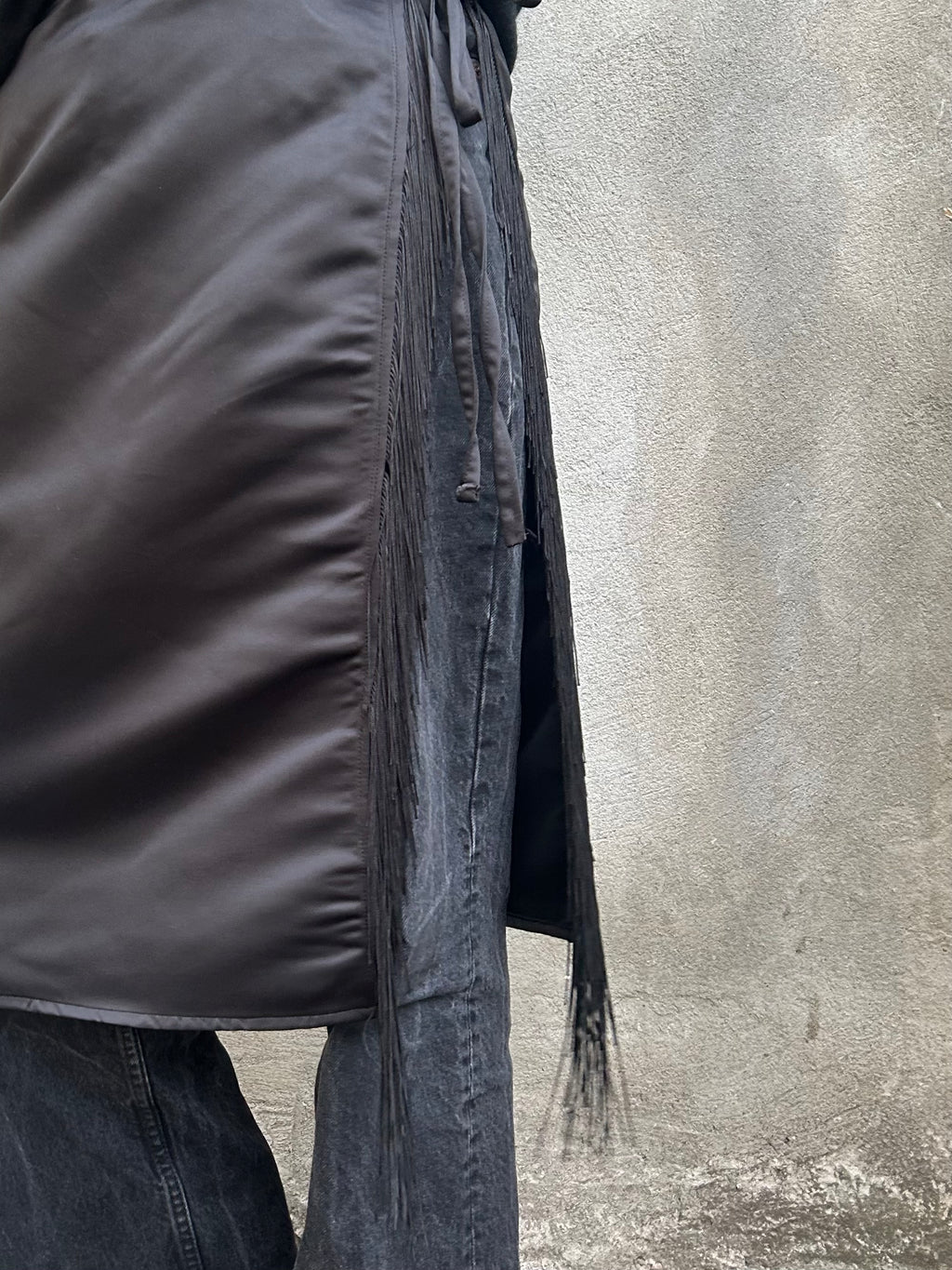 Black Satin Apron Skirt with Fringes