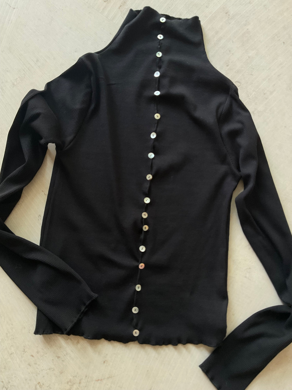 Mara Black Cotton Rib Long Sleeve Top with Buttons