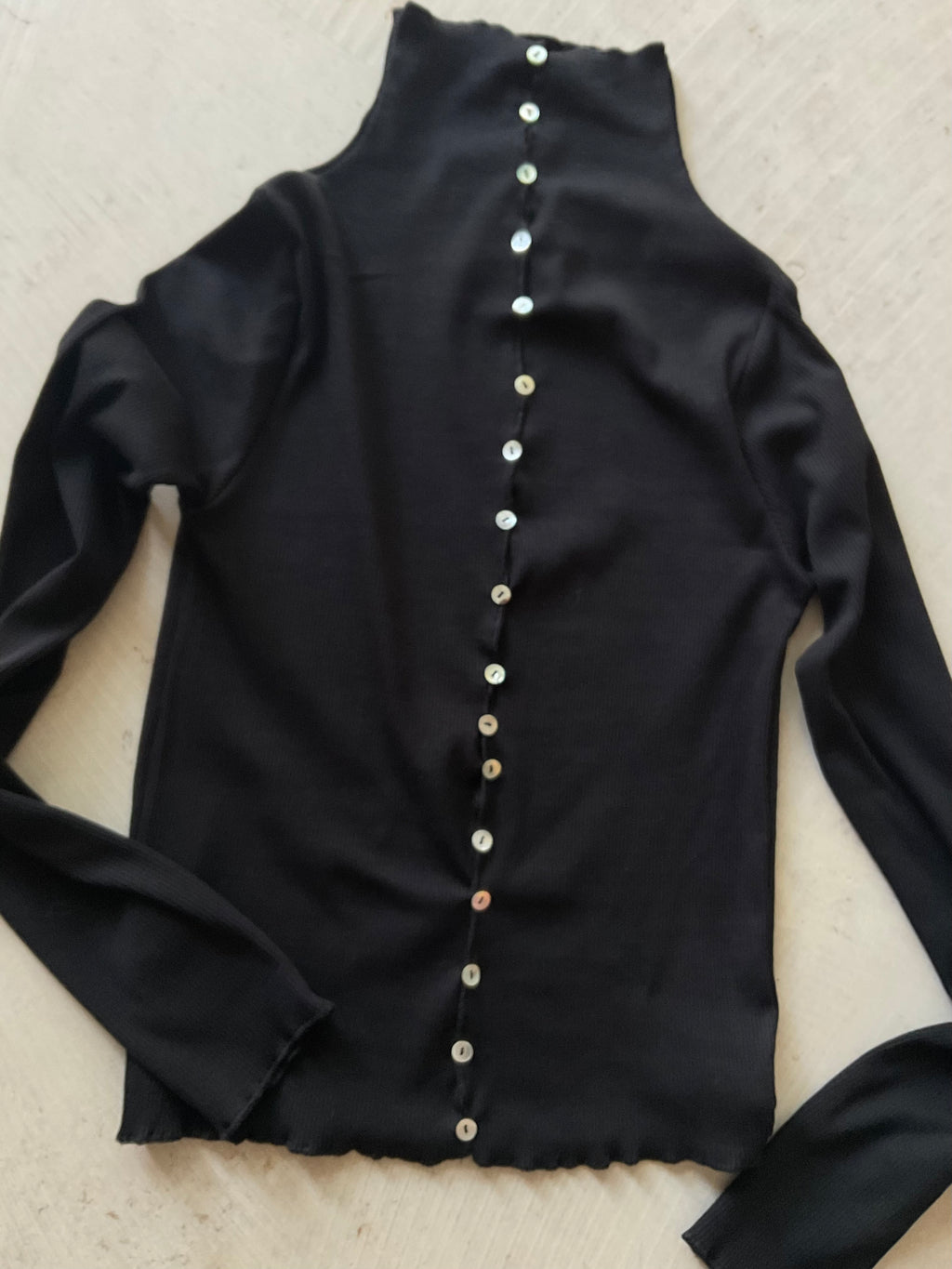 Mara Black Cotton Rib Long Sleeve Top with Buttons