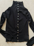 Mara Black Cotton Rib Long Sleeve Top with Buttons