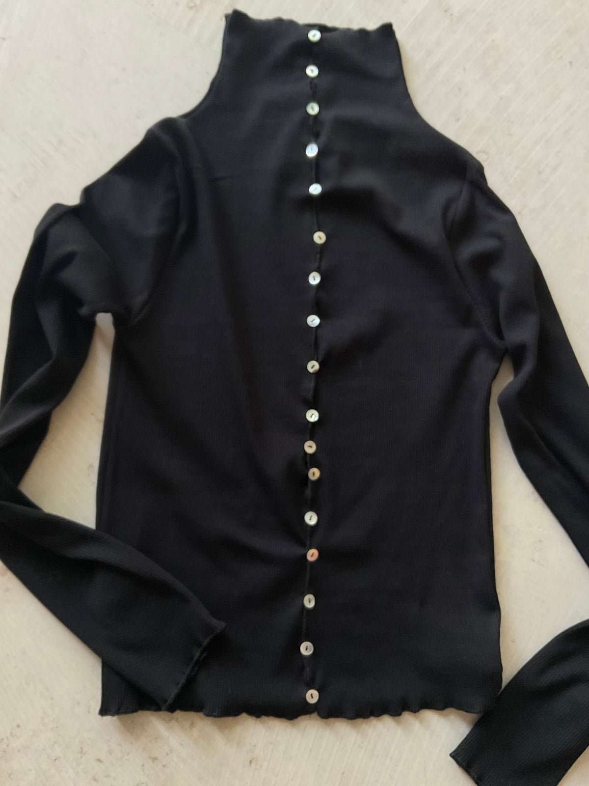 Mara Black Cotton Rib Long Sleeve Top with Buttons