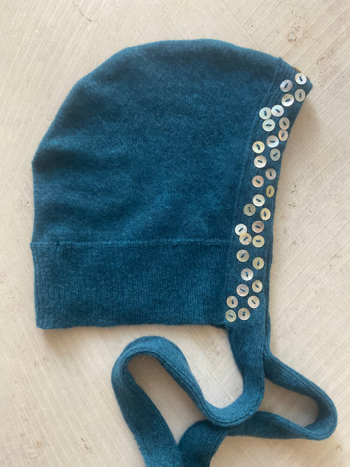 Merino Wool Bonnet with Mother-of-Pearl Buttons – Handmade in Berlin Blue