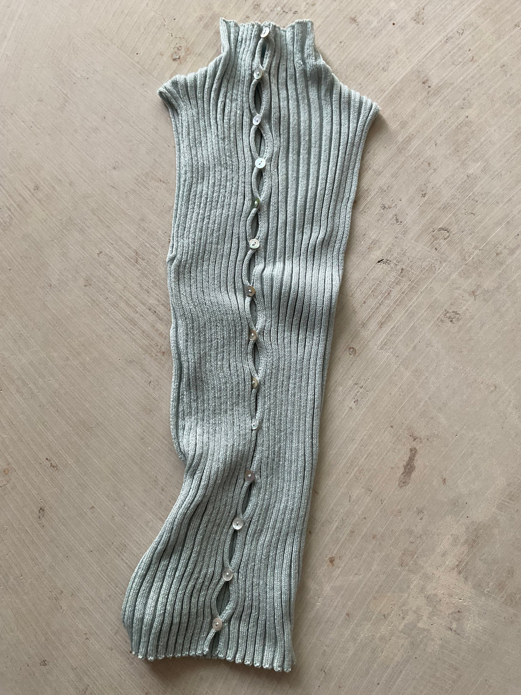 Merino Rib Top with Pearl Buttons high neck     Silver Sage