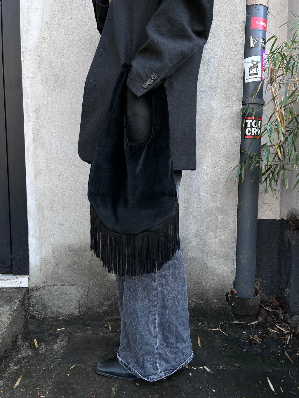 Moonlight Hobo Bag — black velvet fringe