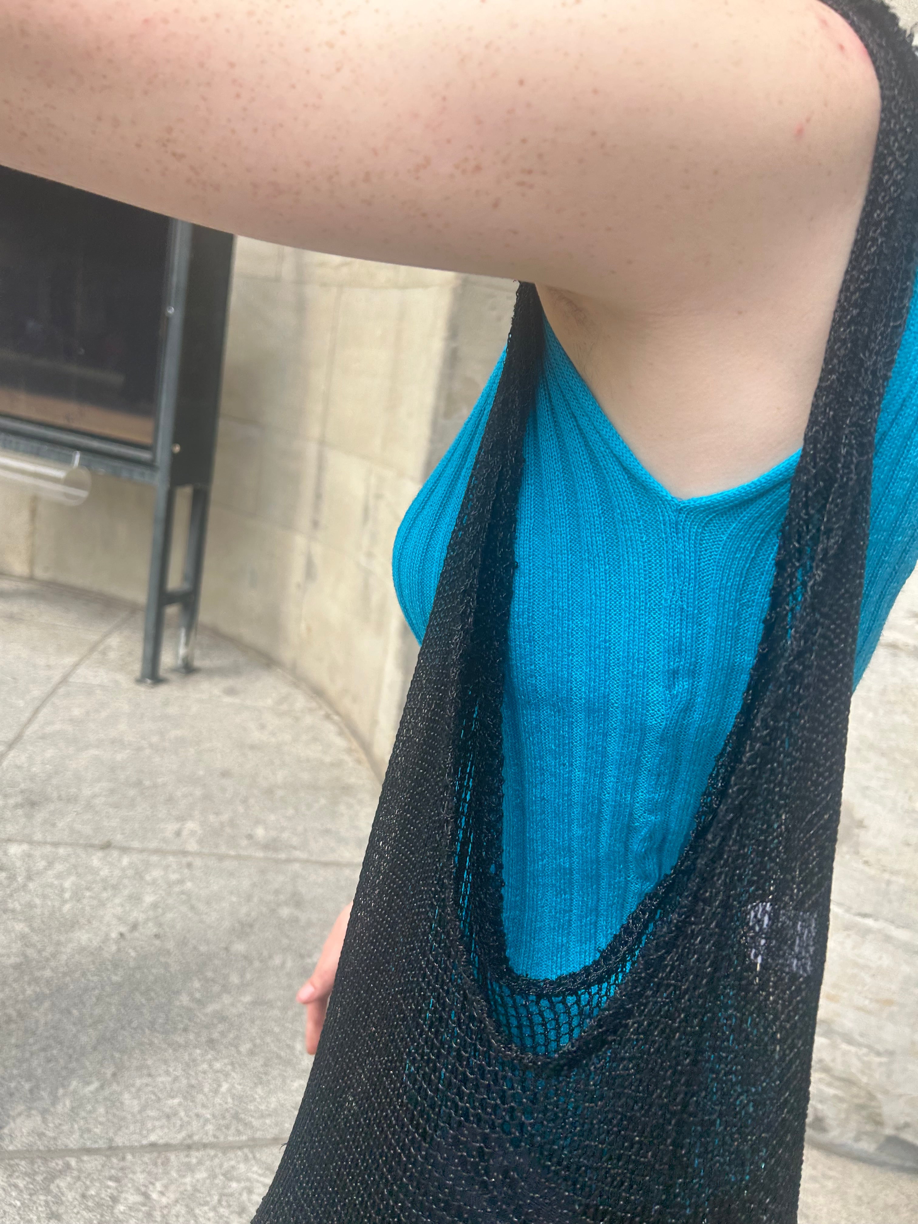 Merino Rib Top with Pearl Button boat neck turquoise