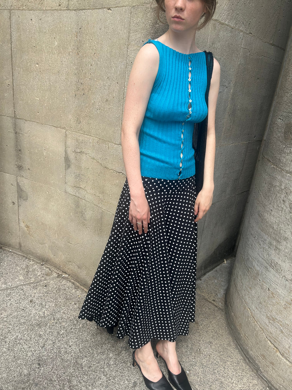 Merino Rib Top with Pearl Button boat neck turquoise