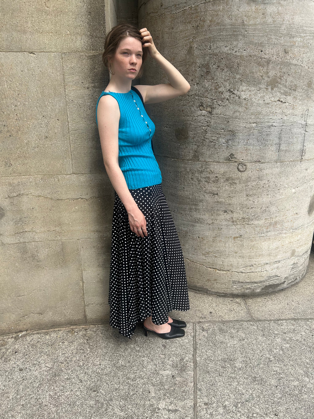 Merino Rib Top with Pearl Button boat neck turquoise