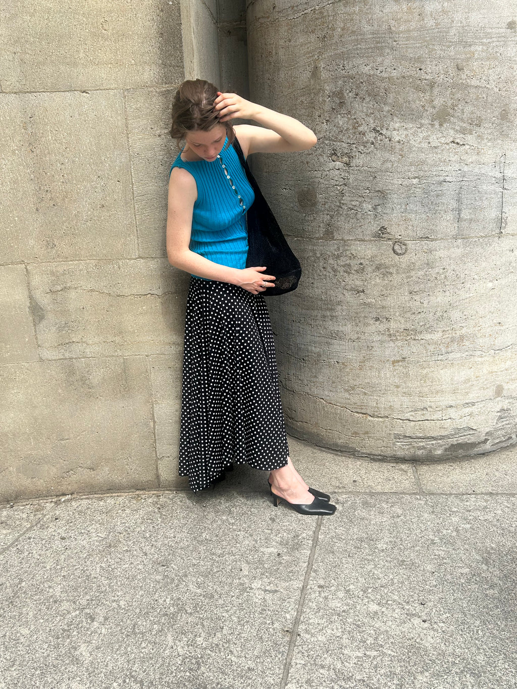 Merino Rib Top with Pearl Button boat neck turquoise