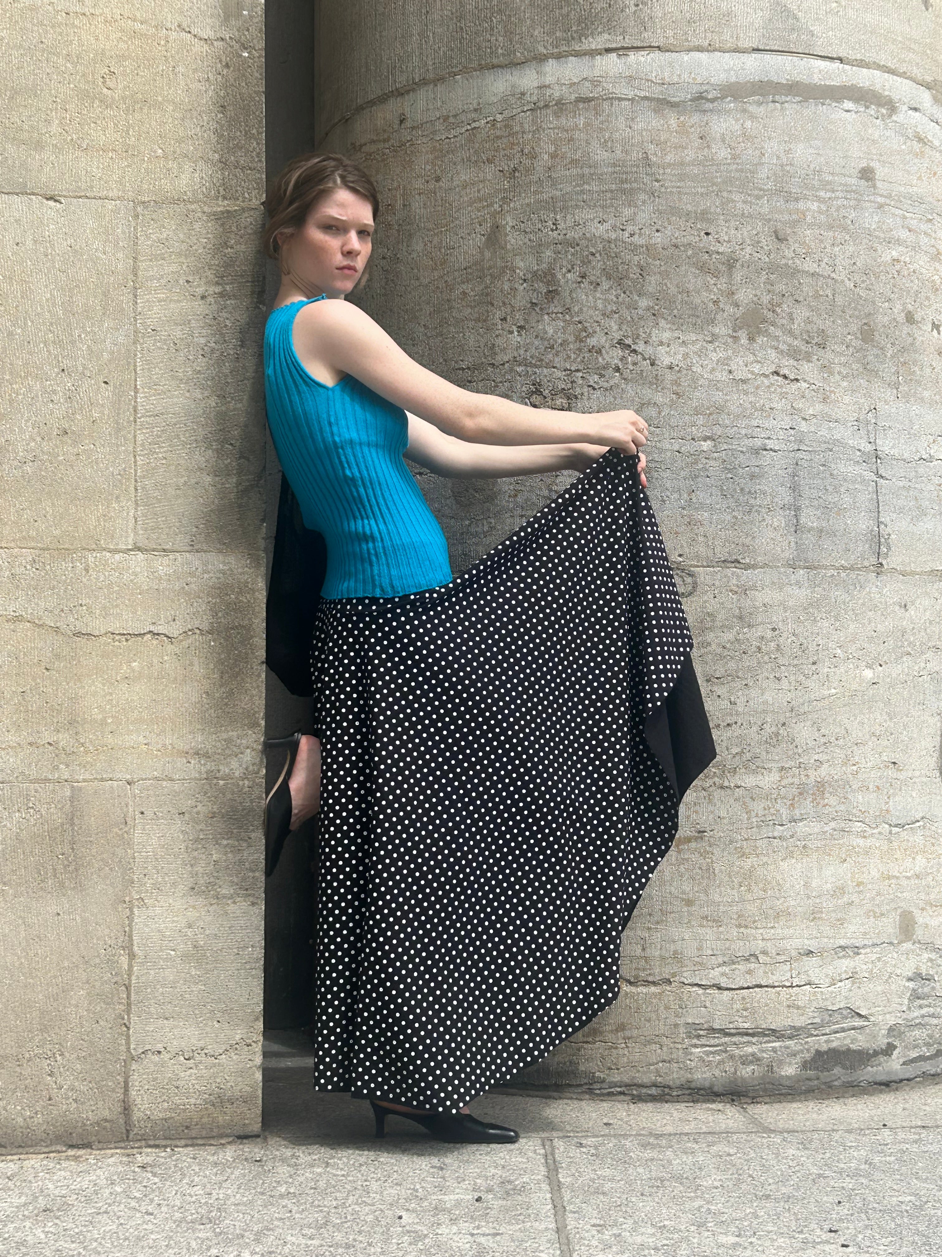 Merino Rib Top with Pearl Button boat neck turquoise
