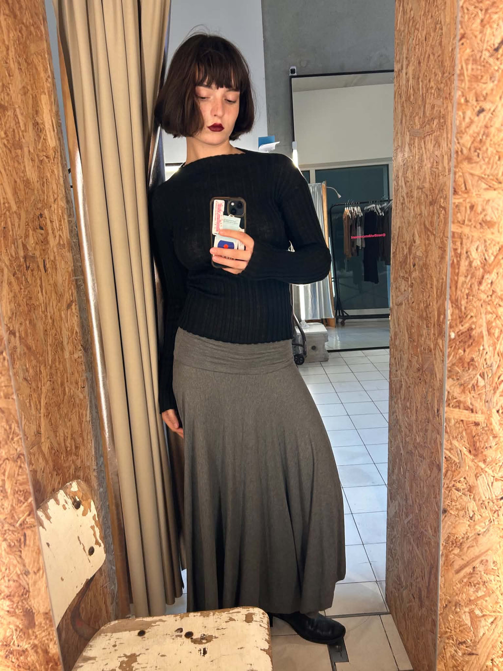Black Merino Wool Rib Long Sleeve Top Fiona