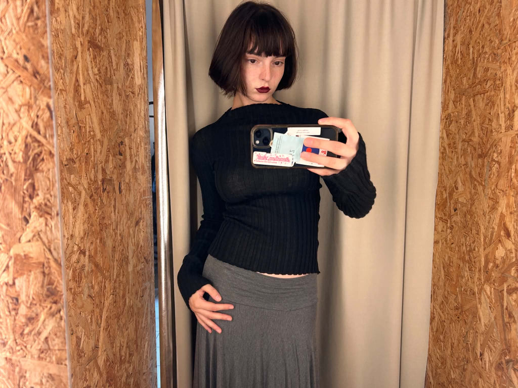 Black Merino Wool Rib Long Sleeve Top Fiona