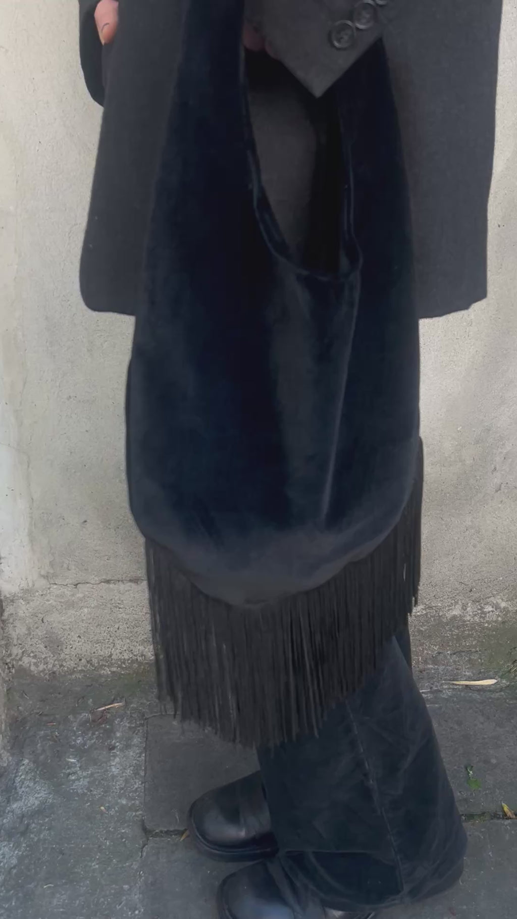 Moonlight Hobo Bag — black velvet fringe