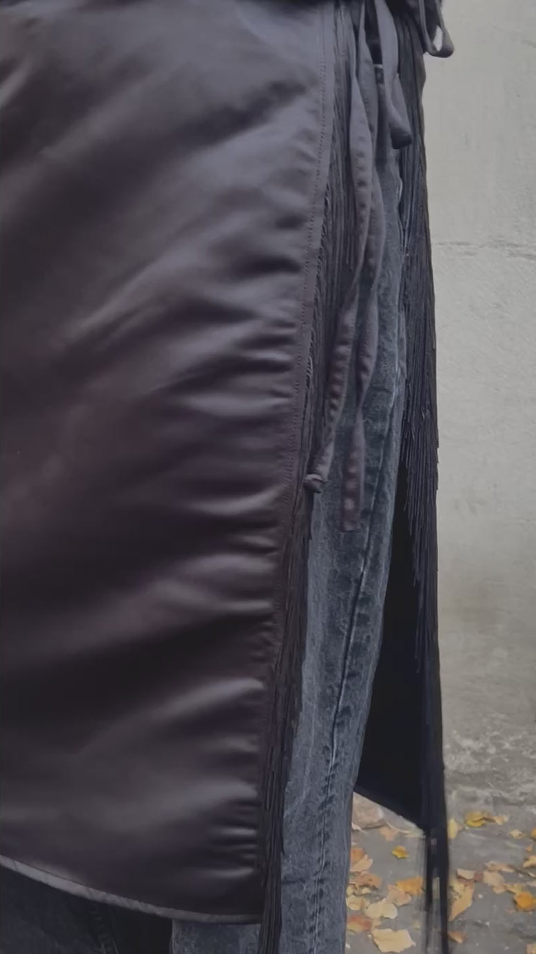 Black Satin Apron Skirt with Fringes